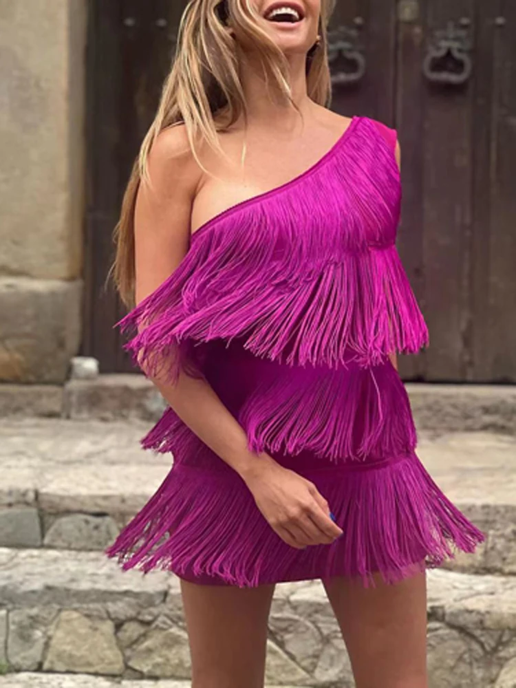 

Sexy Slash Neck Slim Short Party Dresses 2022 Spring Women Tassel Bodycon Evening Mini Dress Summer Female Layered Hip Dresses