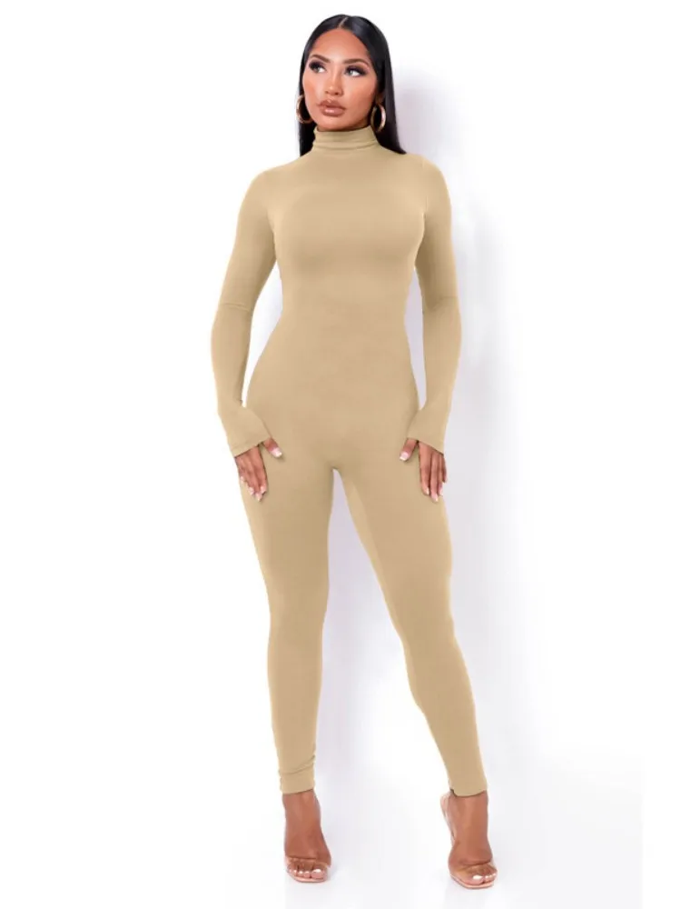 

Slim Women Sexy Bodysuit Solid Fashion Skinny Bodycon Jumpsuit Ladies Long Sleeveles O-Neck Casual Black Beige Female Rompers
