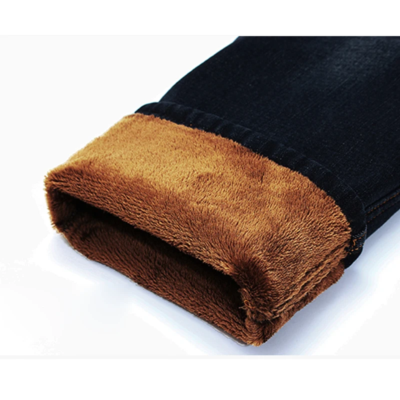 Winter men's plus fleece warm jeans classic thick denim stretch slim fit black jeans casual boutique business blue plus trousers