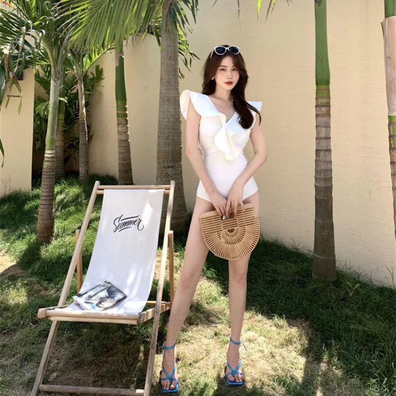 

2023 Korean Style Maillot De Bain Femme Women One Piece Swimsuit Push Up Sexy Swimwear Bathing Suit Pure Color Beach Wear