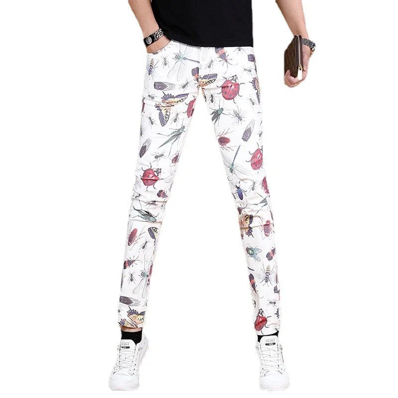 Summer Men White Jeans Fashion Insect Digital Printing Pants Streetwear Casual Straight Slim Fit Denim Trousers CP1632