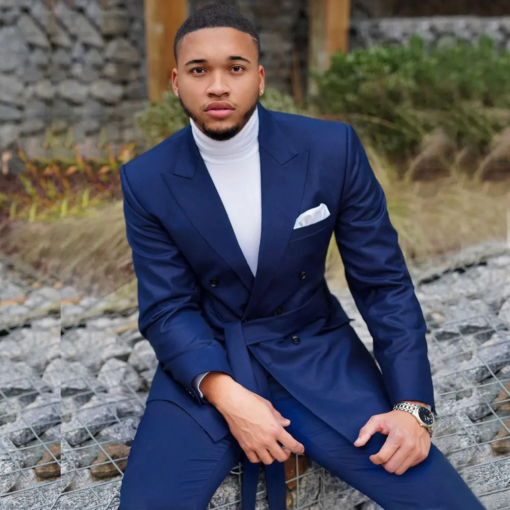 Мужской костюм 2024 двубортный пиджак брюки пояс заостренный отворот темно-синий