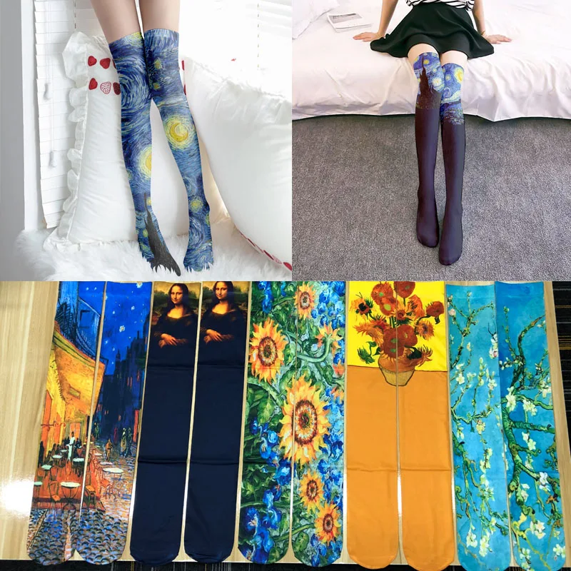 

Ladies Over Knee Sexy Thin Stockings Compression Socks Van Gogh Oil Painting Stockings Sunflower Mona Lisa 3D Art Thigh Thighs