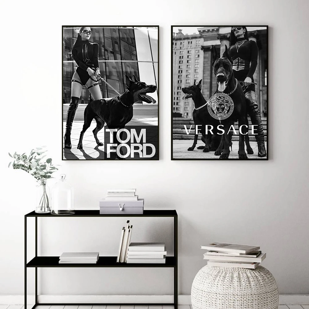 Роскошный брендовый плакат модная женщина с собакой Леопардовый принт на холсте