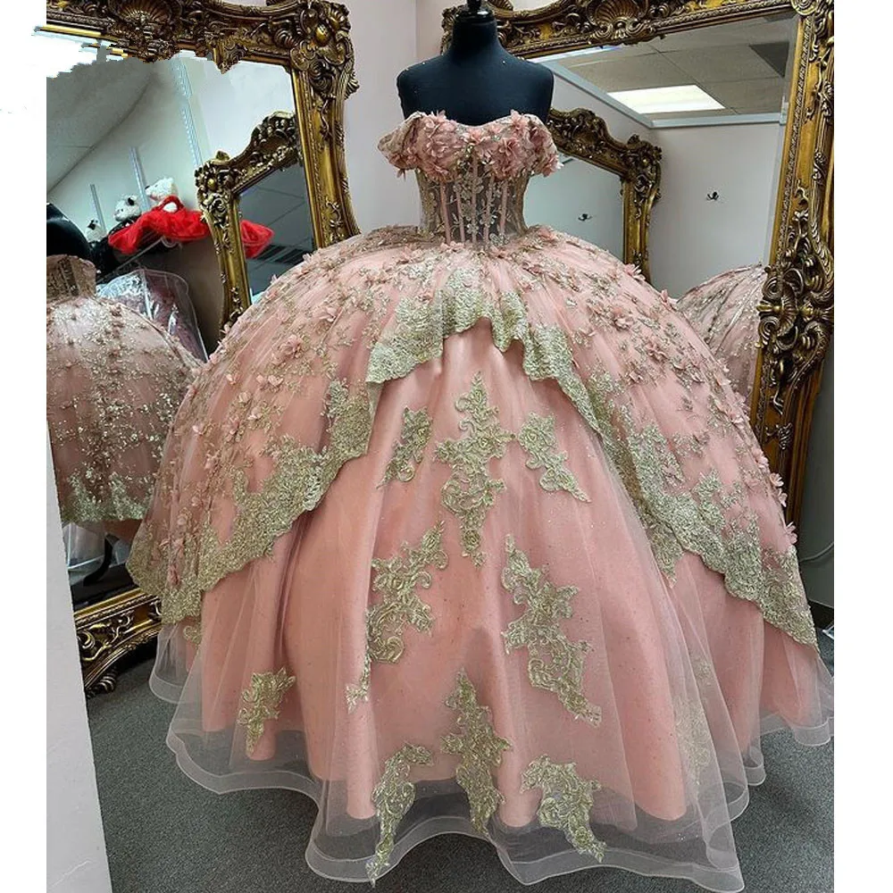 

Pink princess Off Shoulder Quinceanera Dresses 2023 floral applique lace-up corset prom Sweet 16 Gala Vestido De 15 Anos