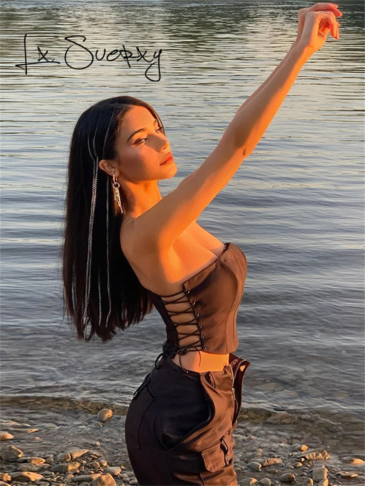 

Lx Suerxy Сексуальный Бандаж воротник-лодочка с открытой спиной Y2k без бретелек Женский корсет топы Летняя кокетка уличная одежда женские укороченные топы