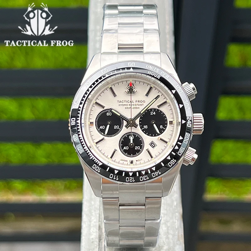 

Tactical Frog New Men's Chronograph Wristwatch 41mm White Dial Sapphire VS75A Movement Solar Quartz watch 20Bar Waterproof Clock