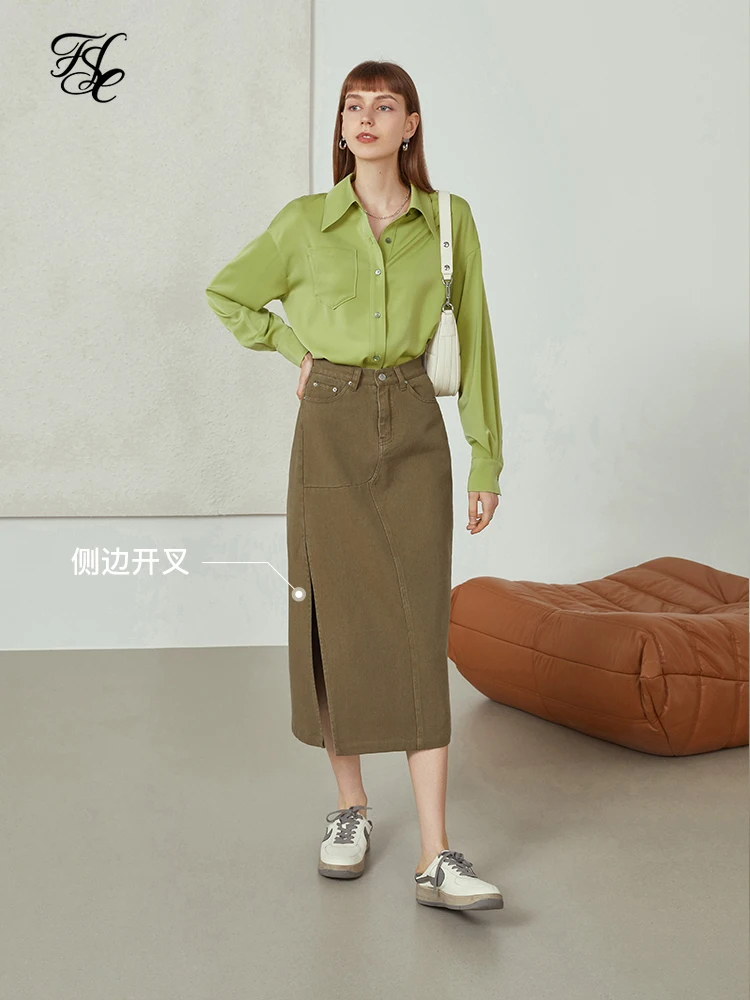 Юбка женская джинсовая средней длины с разрезом и высокой талией - купить по