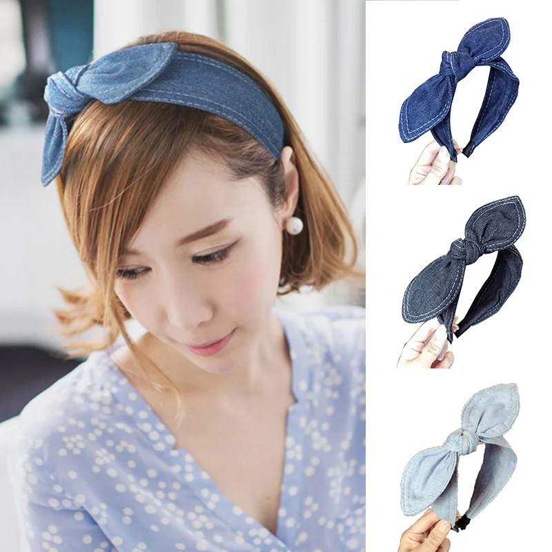 

Fashion Hair Accessories Women Denim Bow Headbands Side Rabbit Ears Knotted Hairband Wild Girl Cute Face Wash Hair Hoop Headwear