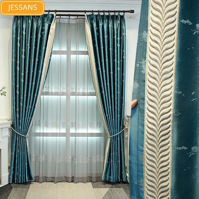 

American Light Luxury High-end Imitation Luster Jacquard Lace Stitching Blackout Curtains for Living Room and Bedroom Customized