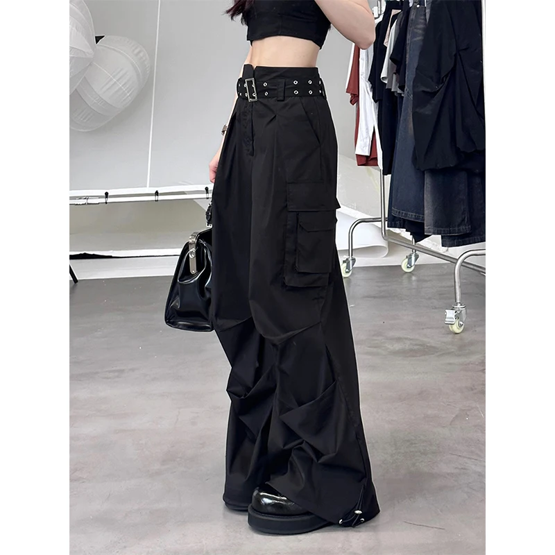 

Hong Kong Style Retro Black Cargo Pants Women's Summer Loose Straight Wide Leg Trousers Small Crowd High Waist Casual Floor Pant