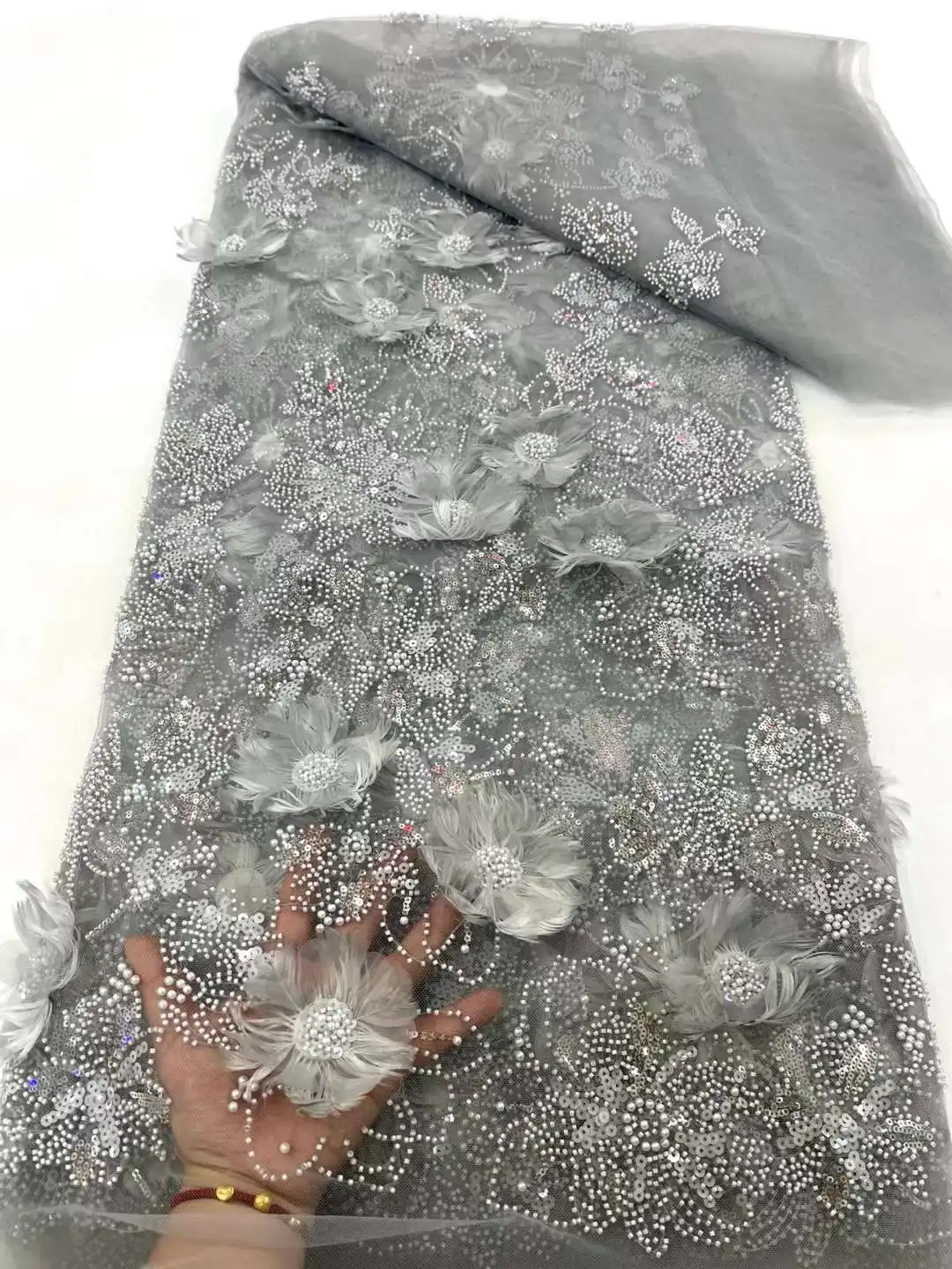 Африканская вышивка из тюля 3D Цветочные бусины кружевная ткань с блестками