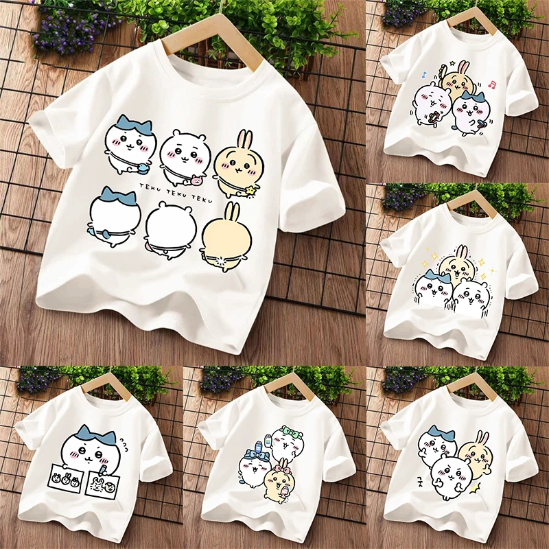 Фото Новая детская футболка Chiikawas с принтом персонажей мультфильмов Kawaii, футболки с короткими рукавами для мальчиков и девочек, летняя детская одежда №1