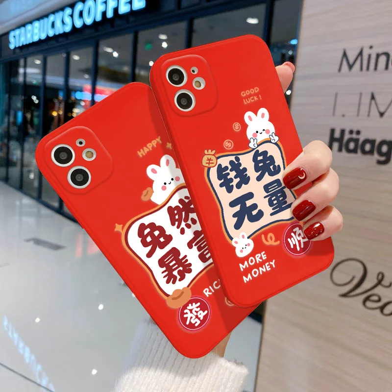 

New Year Red Rabbit Case For Iphone 13 Pro 11 12 14 Pro Max X XR XS Max 7 8 14 Plus 12 Mini SE 2020 2022 Shockproof Soft Cover