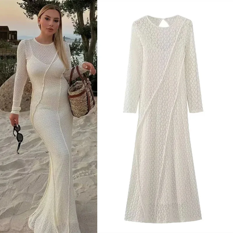 

TRAF Woman's White Backless Long Dress 2023 Elegant Long Sleeve Midi Dresses Summer Sexy Semi Sheer Slim Party Dress Women