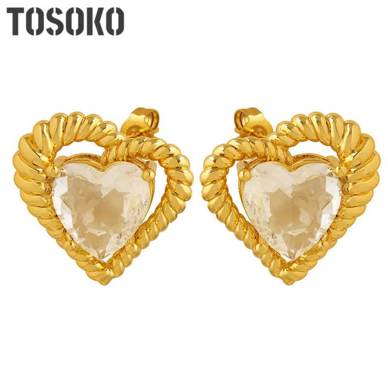 

TOSOKO Copper Jewelry Peach Heart Earrings With Hollow Heart Inlaid Zircon Earrings For Women BSF714