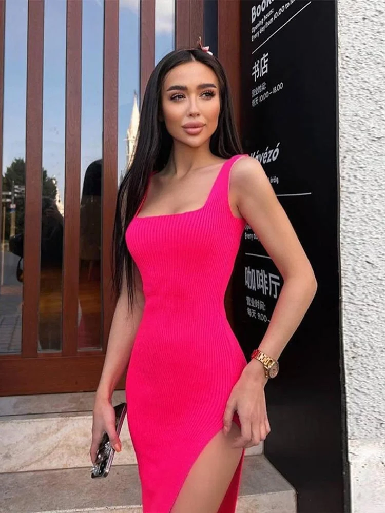 

Sexy High Slit Camis Knit Dress Women Fashion Elegant Sleeveless Wide Shoulder Straps Solid Bodycon Dresses 2022 Slim Outfit