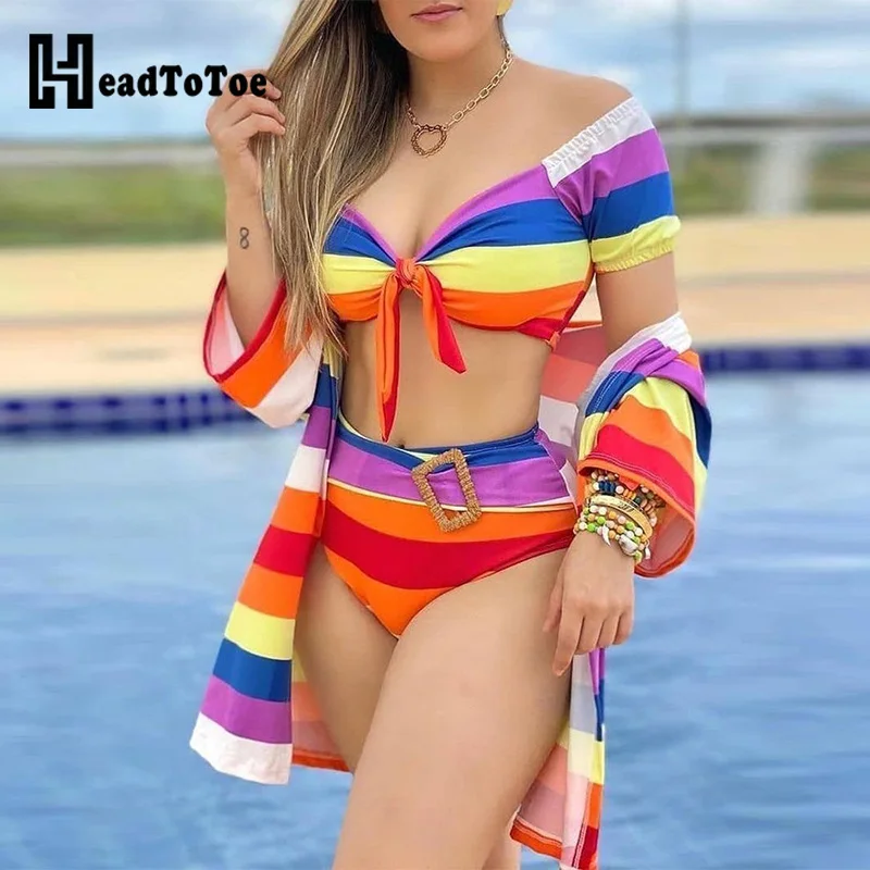 

3PCS Buckle Tied Detail Striped Print Bikini Set With Cover Up