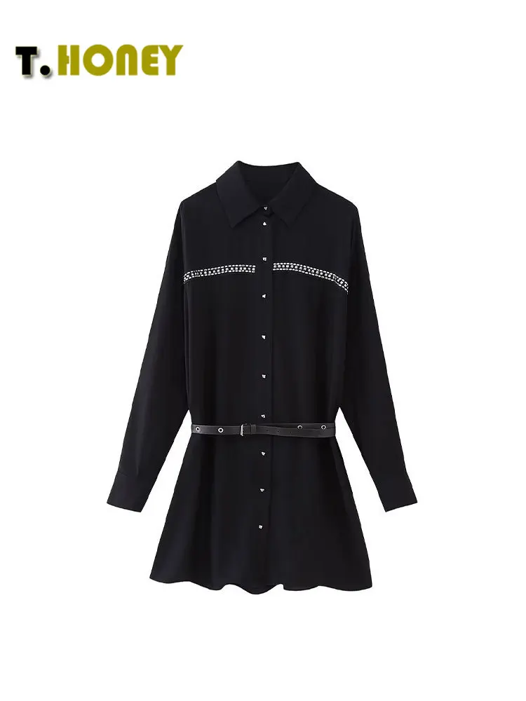 

Женское модное однобортное платье TELLHOENY с отложным воротником и поясом, женские повседневные Мини-платья с длинными рукавами и заклепками