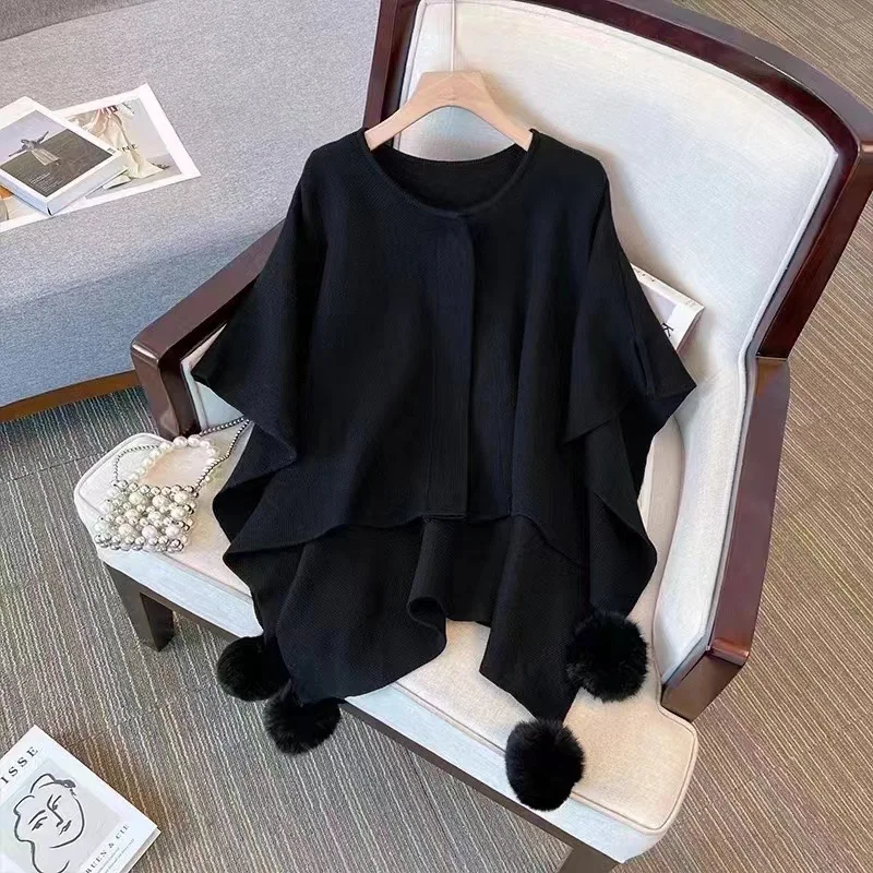 Модная Асимметричная вязаная накидка с шариками из кроличьего меха пальто