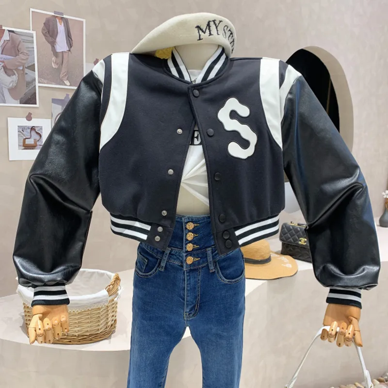 

New Women's Clothing 2022 Spring PU leather stitched loose short jacket Long sleeve coat Tops