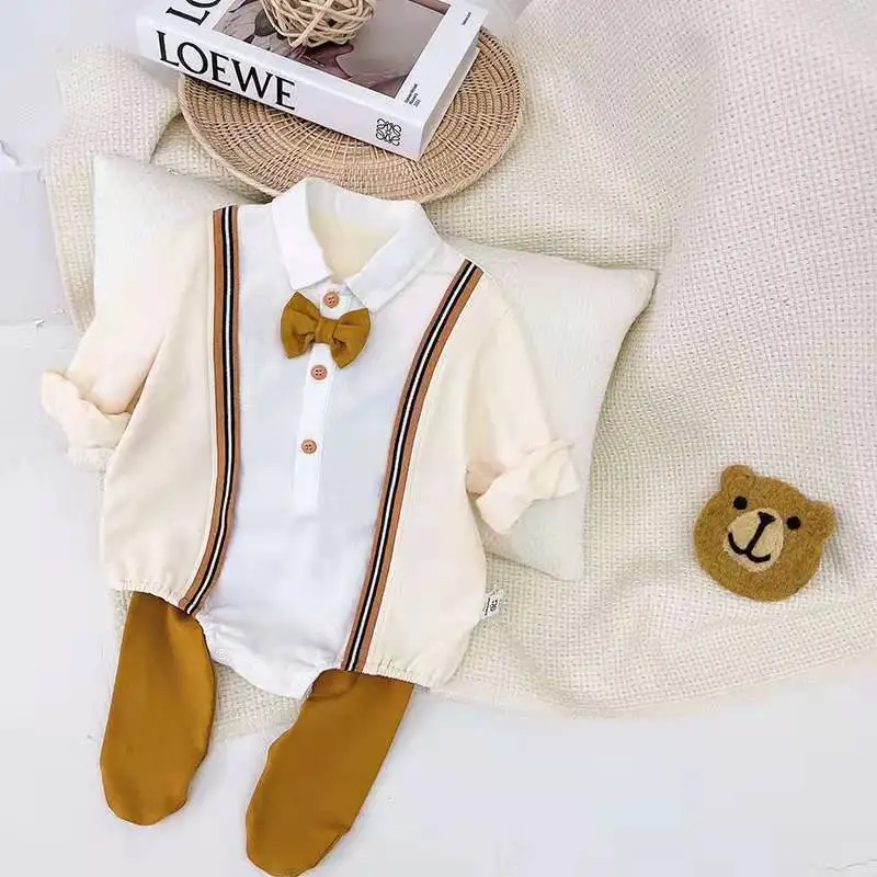 

2022 New Autumn Newborn Baby Rompers Clothing Baby Girl Clothes Gentleman Baby Jumpsuit Boys Kids Baptism Costume With Bow Tie