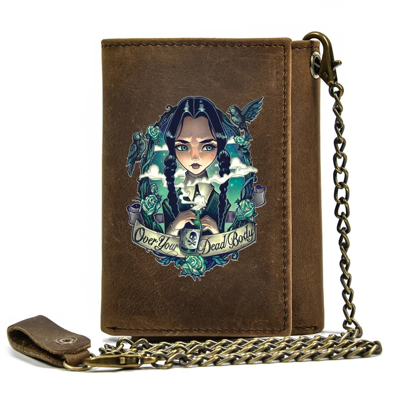 

High Quality Men Genuine Leather Wallet Anti Theft Hasp With Iron Chain Wednesday Addams Theme Cover Card Holder Short Purse