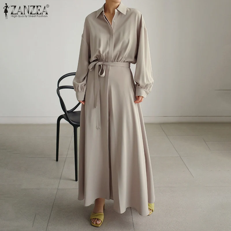 

Vintage Long Sleeve Lapel Neck Dress Women Spring Sundress Work OL Office Lace Up Midi Dress Female Party Holiday Robe Oversize