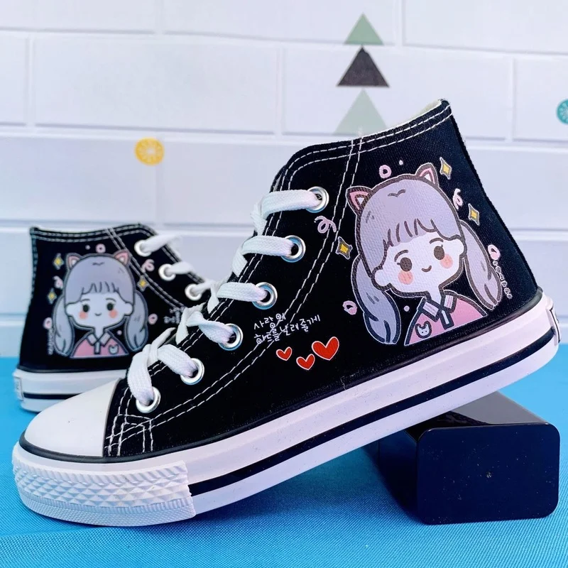 

2022 Kawaii Spring and Autumn New Girls Canvas Cartoon Anime Korean High-Top Board Shoes Suitable for Feet Length 19-25cm