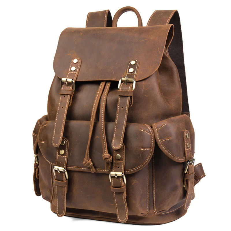 Drop shipping leather backpack vintage top grade fashion bag travel men male day crazy horse