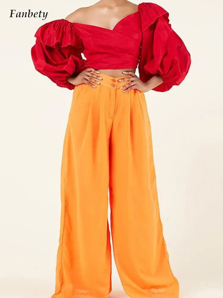 

Elegant V Neck Puff Long Sleeve Blouse and Wide Leg Pants Outfits Office Sexy Solid Two Piece Sets 2022 Women Casual Loose Suits
