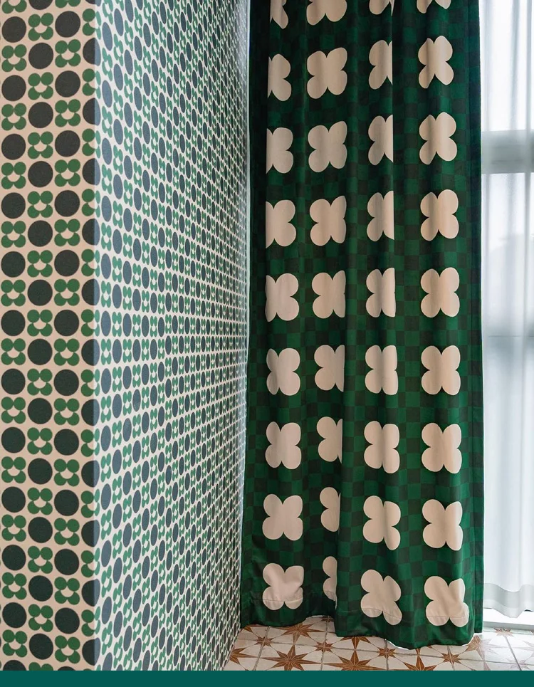 Green Flower Abstract Half Shading Free Punch Paste Tape Bedroom Curtains Geometric Pattern Design Doorway Drapes images - 6