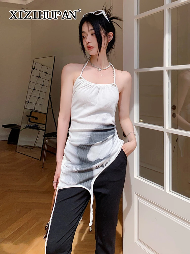 

XIZIHUPAN High Street Irregular Tie Dye Tank Top For Women Halter Collar Sleeveless Off Shoulder Tank Tops Female 2022 Clothing