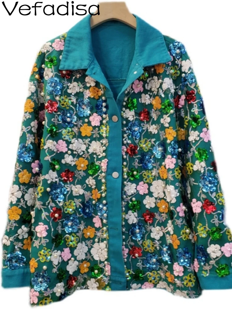 

Vefadisa 2023 Autumn New Women Denim Coat Women Heavy Industry Diamond Flower Top Personalized Trendy Girl Loose Flower ZY1792