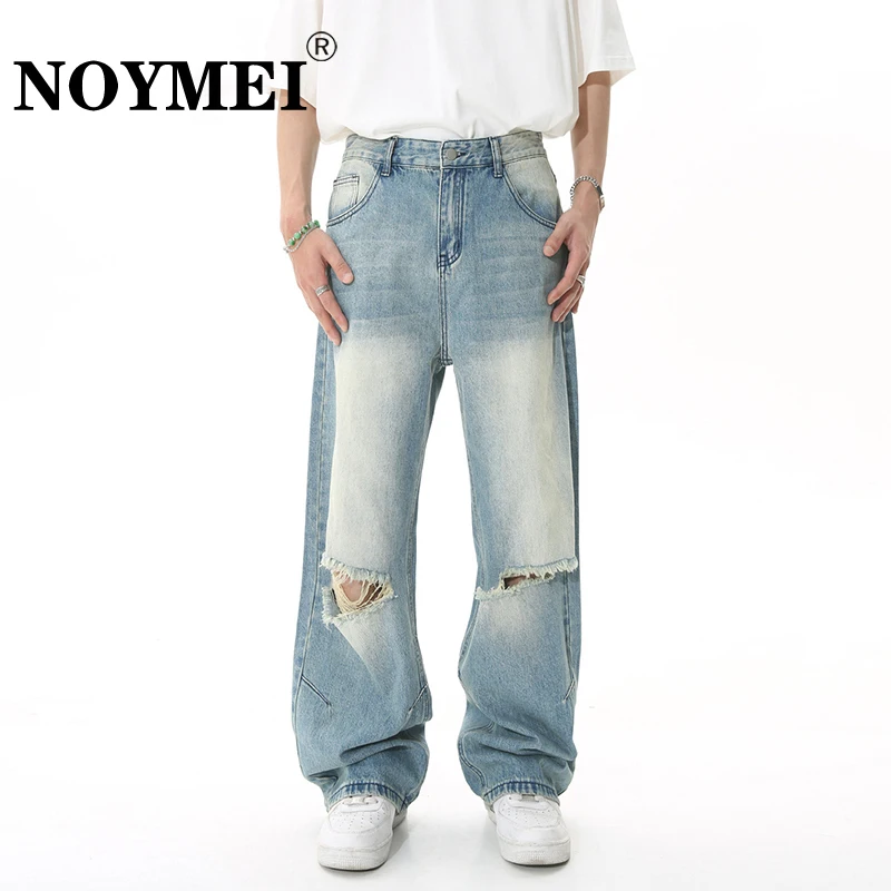 

Джинсы с вырезами NOYMEI, прямые джинсовые модные матовые свободные брюки с дырками, лето 2023, корейский стиль, повседневные мужские широкие штаны, WA1342