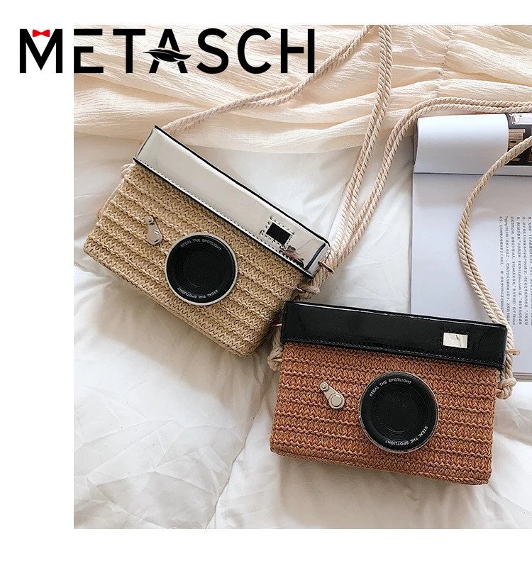 

METASCH Fashion Camera Pattern Straw Woven Bag 2022 Summer New Square Box Women's Bag Seaside Vacation Beach Bag Phone Bag