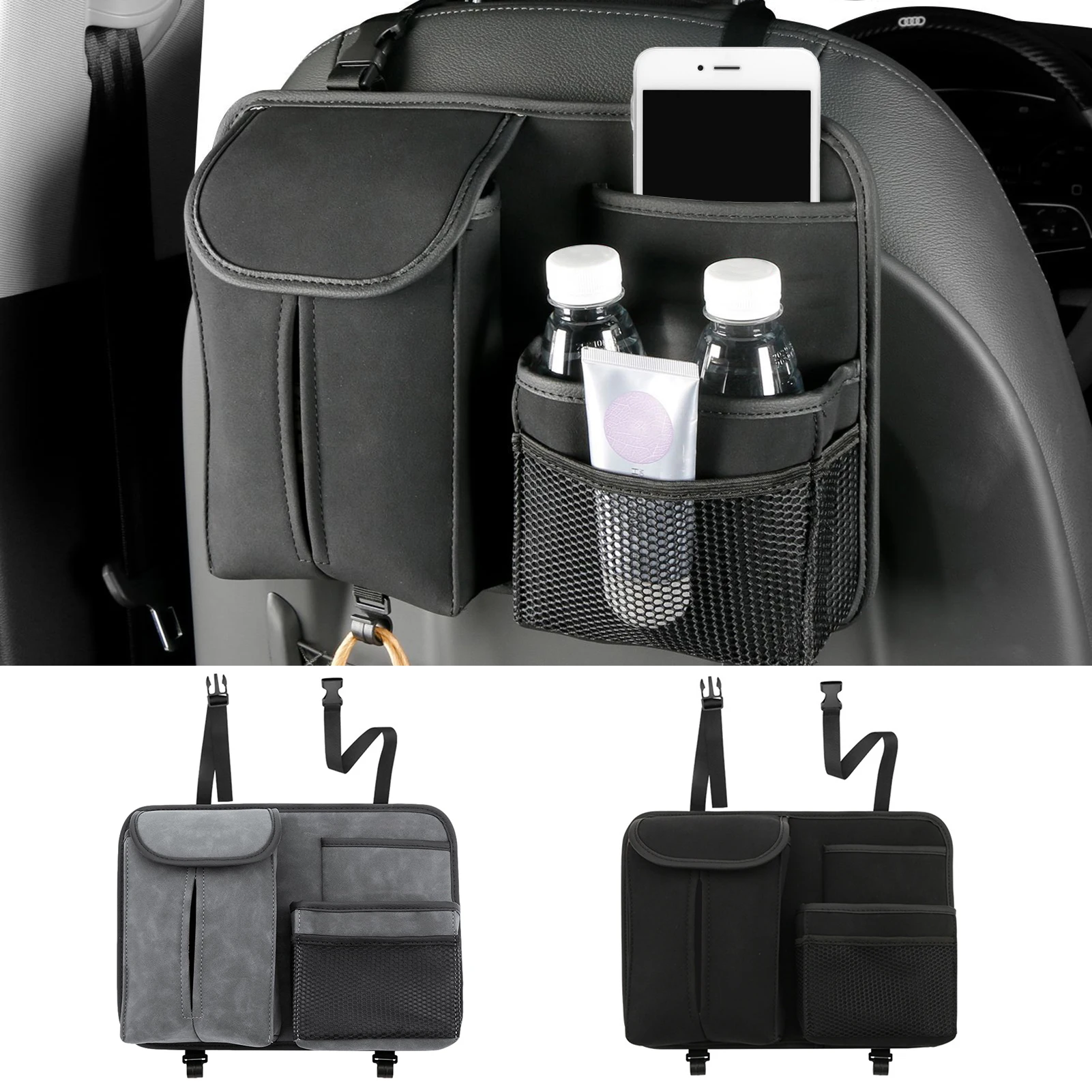 

Backseat Car Organizer Suede Car Tissue Holder Back Seats With 3 Pockets For Cups Phones And Hooks For Bags Car Organizer