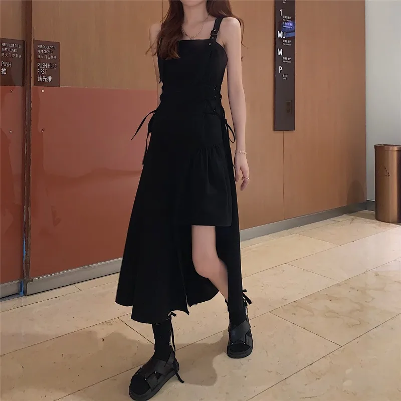 

Mall Goth Short Sleeve Dress Women Gothic Asymmetric Sleeveless Dresses Spaghetti Strap E Girls 2021 Streetwear Dark Academia
