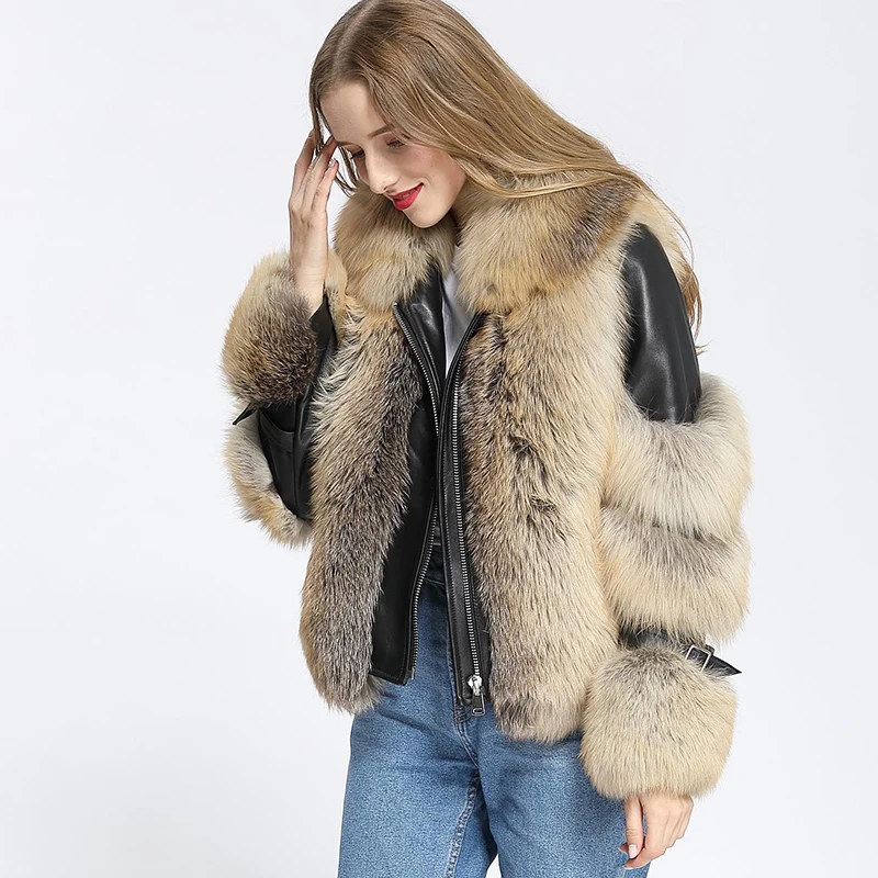 Natural Fox Fur Patchwork Sheepskin Coat Woemn Winter Luxury Tide Outertwear Genuine Real Fox Fur Jacket Female Winter New enlarge