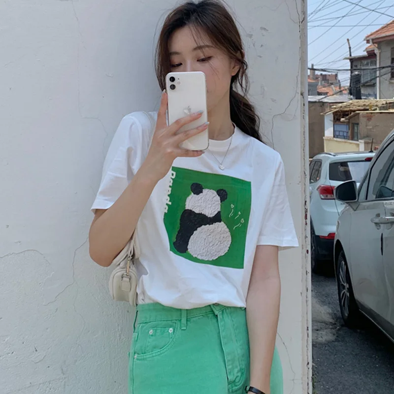 

Fashion Cotton Women T Shirt lovely Printed Cartoon Short Sleeve casual Tops Summer Korean Style Clothing Aprciot White T-shirts