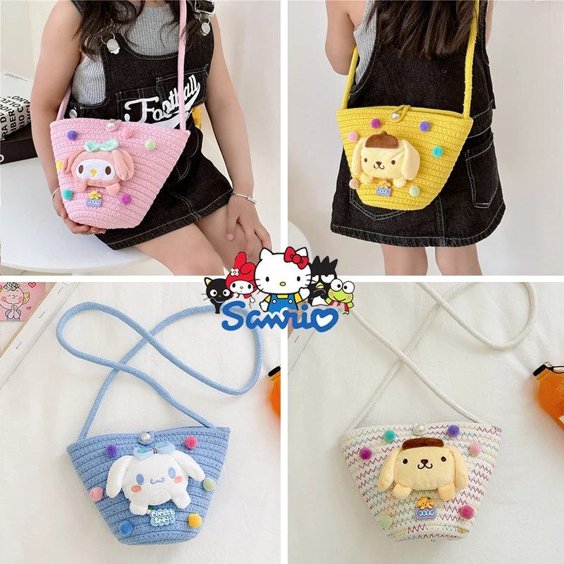 

Sanrio Kawaii Straw Handbag Kuromi Lolita Melody Hellokitty Woven Crossbody Bag Casual Outdoor Travel Bag Gifts for Girls Women