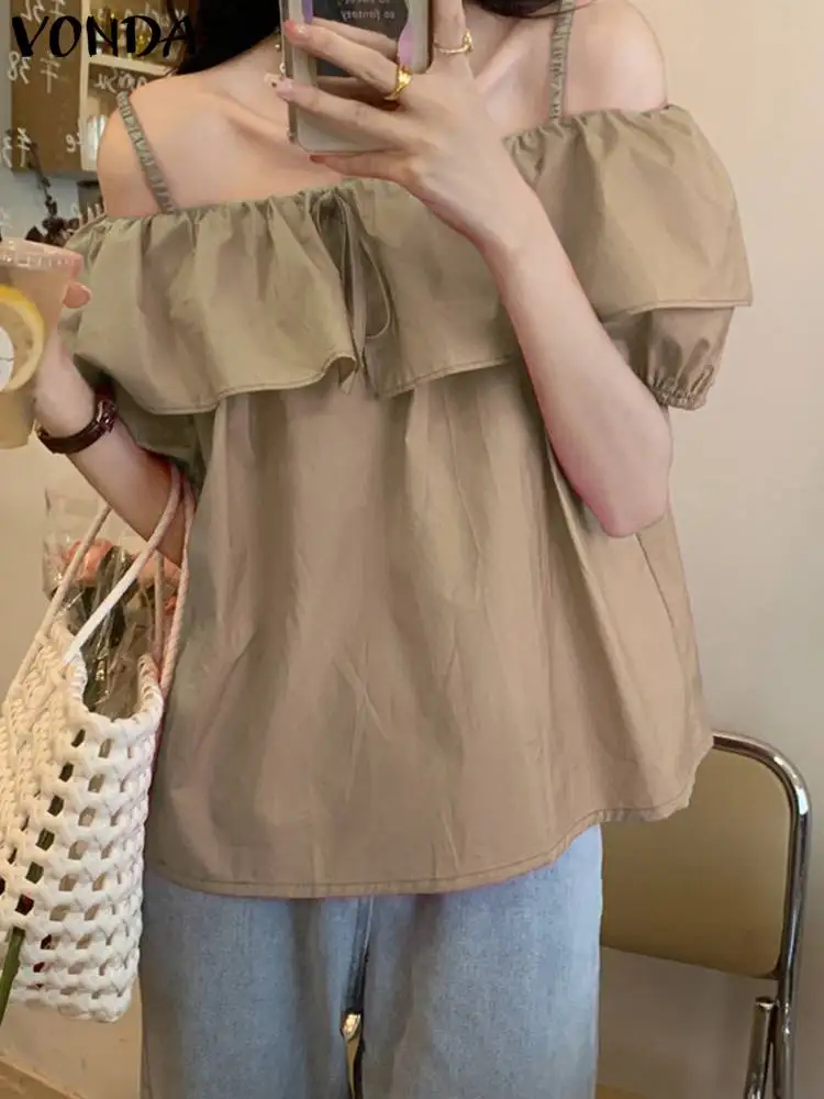 

Summer 2023 Fashion Blouses VONDA Women Off Shoulder Sexy Tops Casual Ruffled Shirts Loose Solid Color Short Sleeve Blusas Femme