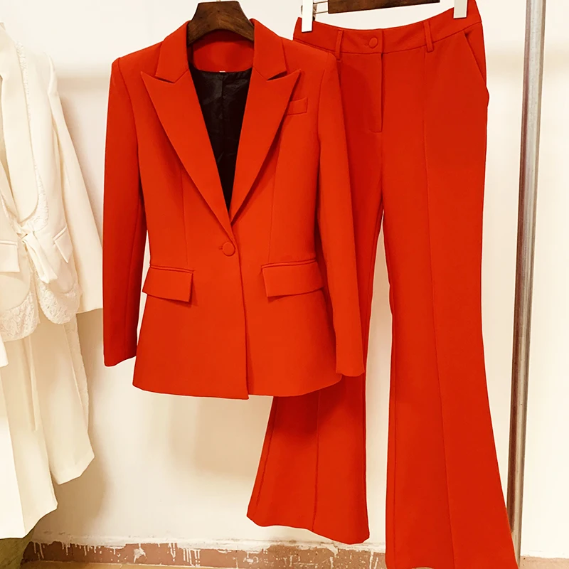 

Women Single Button Red Blazer Flare Pants Suit