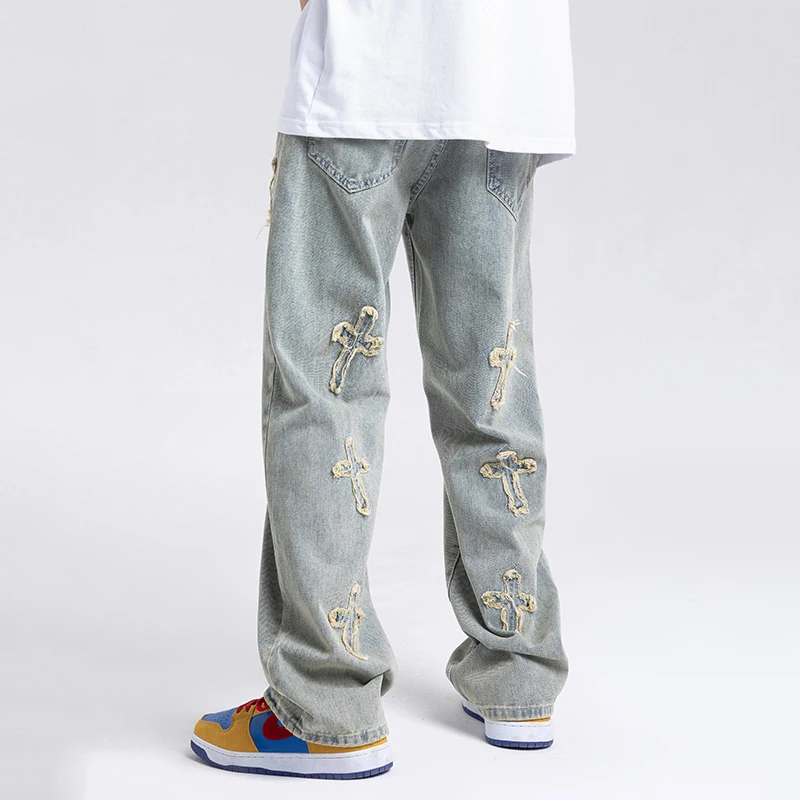 Four Seasons Men's Jeans Hip Hop Street Style Harajuku Retro Cross Jeans Cotton Casual Jogging Jeans Harem Pants Trousers Blue