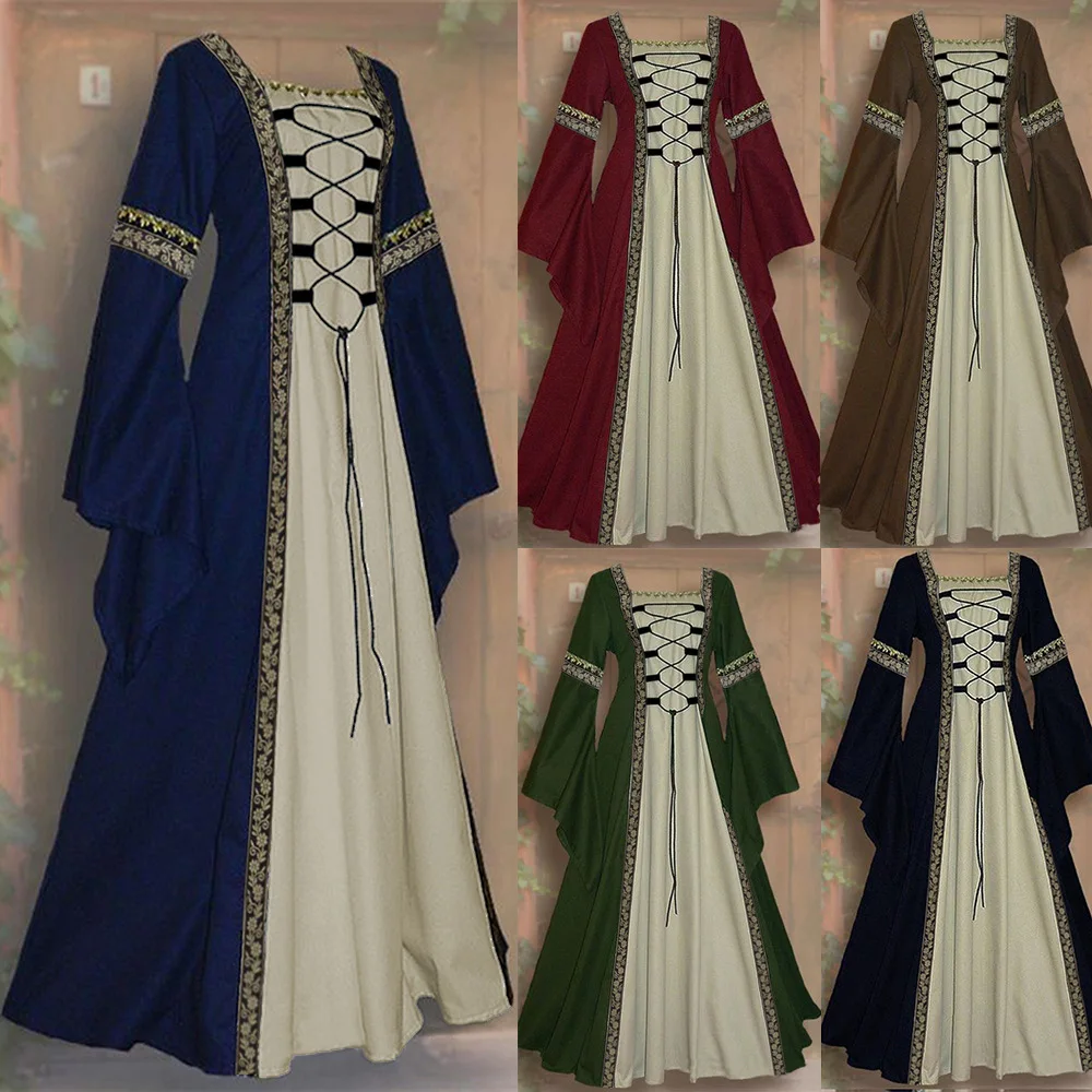 

Vintage Celtic Medieval Lace Up Flared Sleeves Floor Length Dress Women Gothic Court Victoria Dresses Carnival Cosplay Costumes