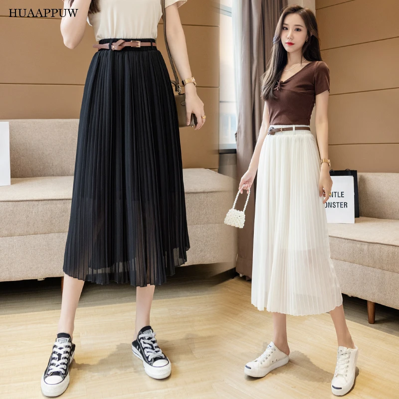 

Casual Fashion High-waisted Large Skirt Pleated Skirt 2022 Spring and Summer New Elastic Waist Skirt with Belt