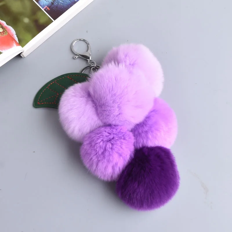 

New Fruit Pom Pom Ball Key Chain Rex Rabbit Fur Car Holder Pompom Grape Keychain Women Bag Pendant Charms Key Ring Gift