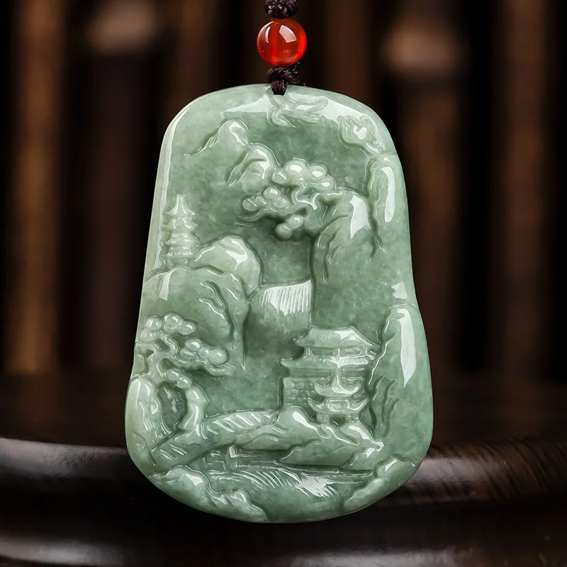 

Burmese Jade Landscape Pendant Green Amulets Necklace Charms Natural Jadeite Designer Emerald Gemstone Jewelry Luxury Amulet