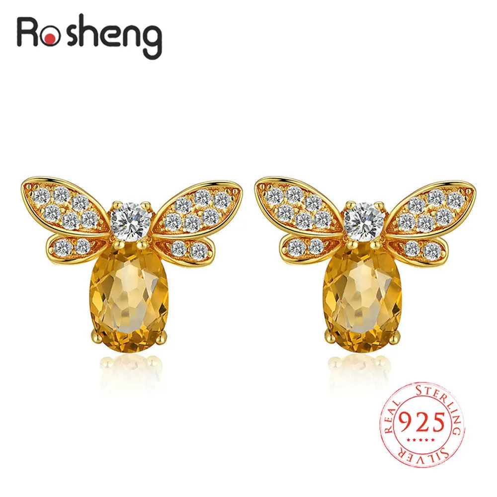 

Fashion 925 Sterling Silver Small Bee Lover Stud Earring for Women Natural Ametrine Stone Jewelry 18K Gold-plated Gemstone