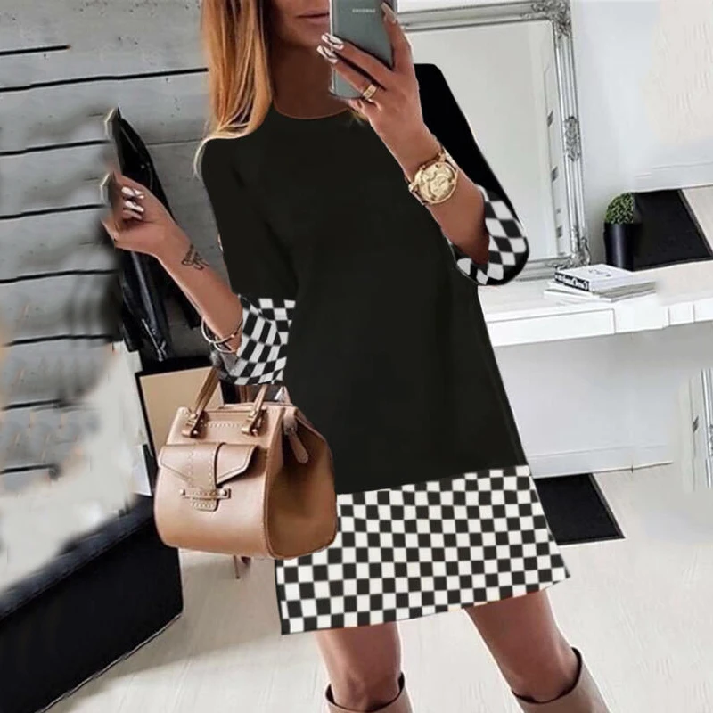 

2022 Fashion Elegant Causual Spring Autumn Checkerboard Print Long Sleeve Mini Dress Women Plus Size S-5XL Loose Dress Clothes
